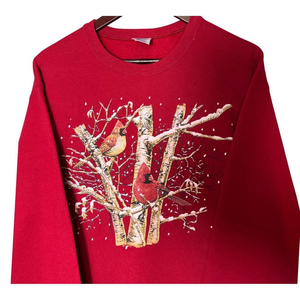 Jerzees NuBlend Red Cardinal Winter Snow Graphic Sweatshirt Women's Medium - Picture 2 of 8
